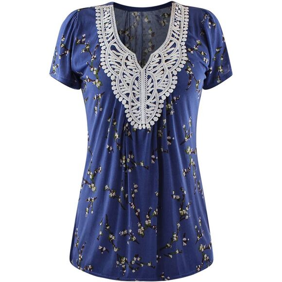 Blue Short Sleeve Crochet Neck Top - Picture 1 of 3